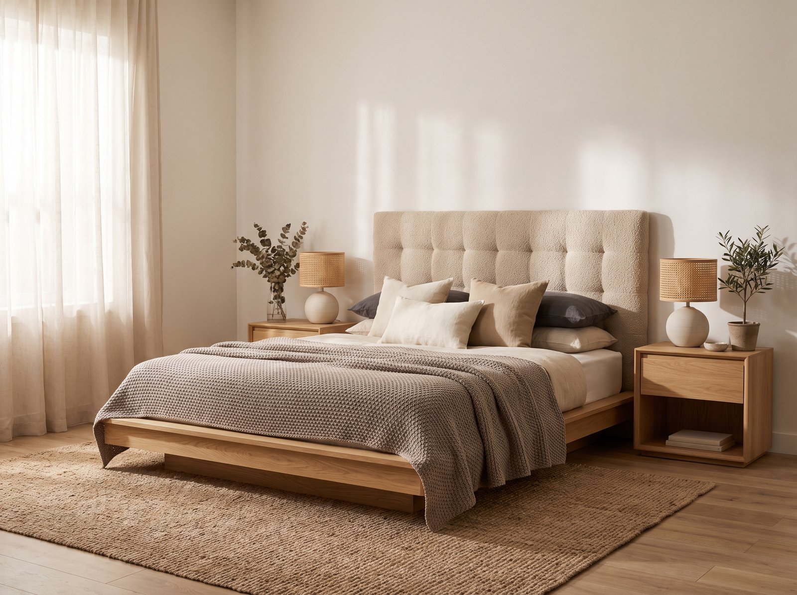 A calm composition of a textured vase, candle, and linen throw